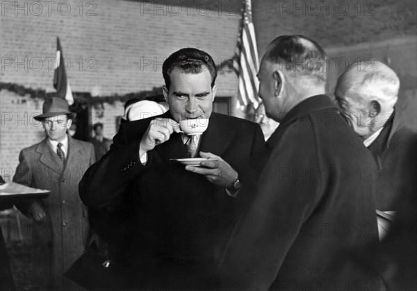 U.S. Vice President Richard Nixon sipping beverage during visit, Tehran, Iran, Richard Nixon Foundation Collection, December 9, 1953