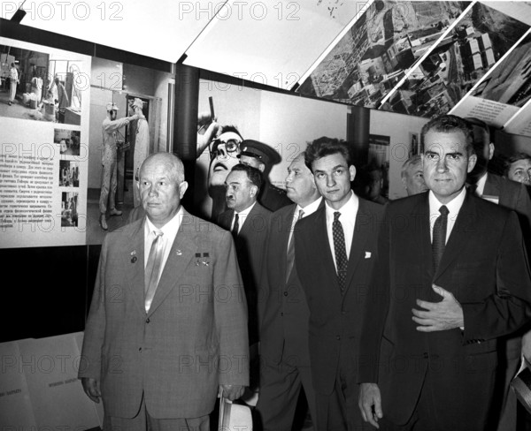 U.S. Vice President Richard Nixon, Soviet Premier Nikita Khrushchev, and others touring American National Exhibition, Sokolniki Park, Moscow, Soviet Union, Richard Nixon Foundation Collection, July 24, 1959