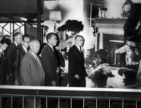 U.S. Vice President Richard Nixon, Soviet Premier Nikita Khrushchev, and others touring American National Exhibition, Sokolniki Park, Moscow, Soviet Union, Richard Nixon Foundation Collection, July 24, 1959