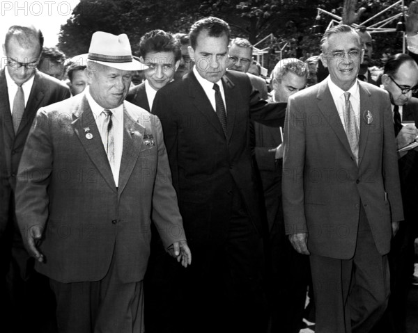 U.S. Vice President Richard Nixon, Soviet Premier Nikita Khrushchev, and others touring American National Exhibition, Sokolniki Park, Moscow, Soviet Union, Richard Nixon Foundation Collection, July 24, 1959