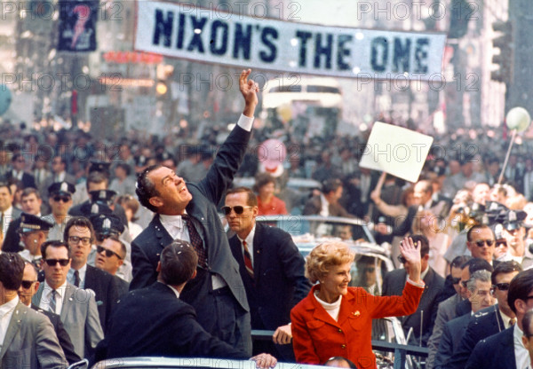 U.S. Republican nominee for U.S. President Richard M. Nixon and wife Pat Nixon in motorcade during presidential campaign, Philadelphia, Pennsylvania, USA, Richard Nixon Foundation Collection, September 20, 1968