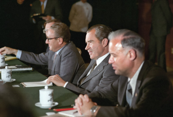 U.S. President Richard Nixon, U.S. Secretary of State Henry Kissinger and U.S. Diplomats Winston Lord and John Holdridge during meeting with Chinese Premier Chou En-Lai (not pictured), Beijing, People's Republic of China, Richard Nixon White House Photo Office, February 22, 1972