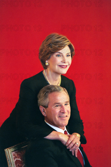 U.S. President George W. Bush and U.S. First Lady Laura Bush posing during Good Housekeeping Magazine photo shoot, White House Yellow Oval Room, Washington, D.C., USA, Eric Draper, George W. Bush White House Photo Office, June 21, 2004