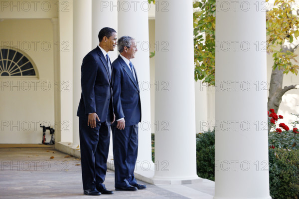 U.S. President George W. Bush and U.S. President-elect Barack Obama standing on White House Colonnade following their Oval Office meeting, Washington, D.C., USA, Eric Draper, George W. Bush White House Photo Office, November 10, 2008