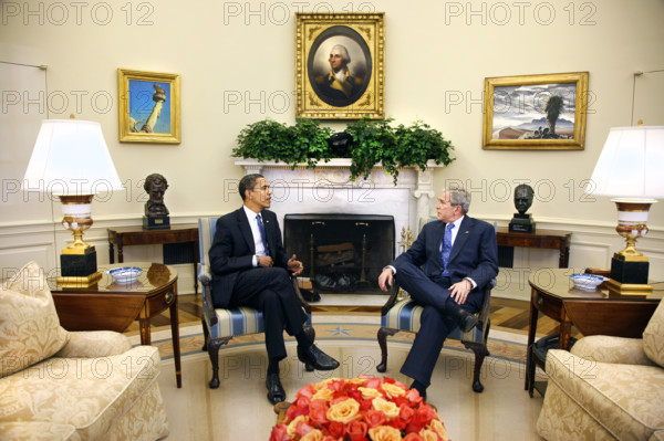 U.S. President George W. Bush and U.S. President-elect Barack Obama meeting in White House Oval Office, Washington, D.C., USA, Eric Draper, George W. Bush White House Photo Office, November 10, 2008