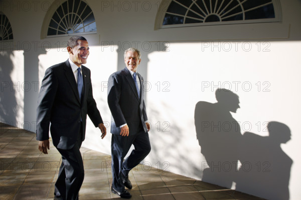 U.S. President George W. Bush and U.S. President-elect Barack Obama walking along White House Colonnade following their Oval Office meeting, Washington, D.C., USA, Eric Draper, George W. Bush White House Photo Office, November 10, 2008