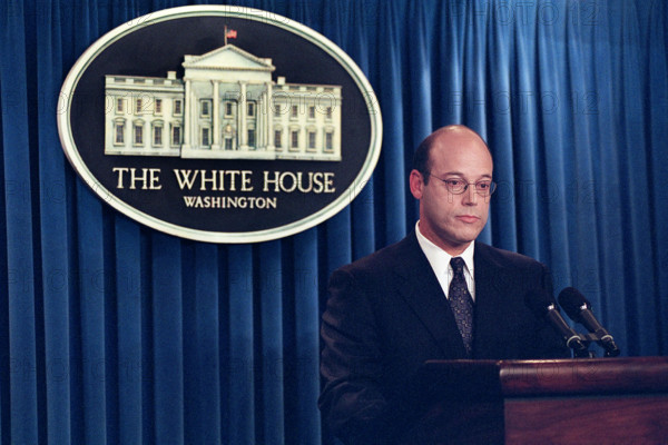 Press Secretary Ari Fleischer giving briefing regarding 9/11 terrorist attacks, White House Press Briefing Room, Washington, D.C., USA, Tina Hager, George W. Bush White House Photo Office, September 12, 2001