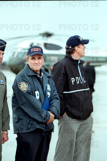 New York City Mayor Rudolph Giuliani and New York Governor George Pataki awaiting the arrival of U.S. President George W. Bush to McGuire Air Force Base, Wrightstown, New Jersey, USA, Paul Morse, George W. Bush White House Photo Office, September 14, 2001