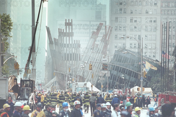 World Trade Center disaster site during U.S. President George W. Bush's visit, Financial District, Manhattan, New York City, New York, USA, Paul Morse, George W. Bush White House Photo Office, September 14, 2001