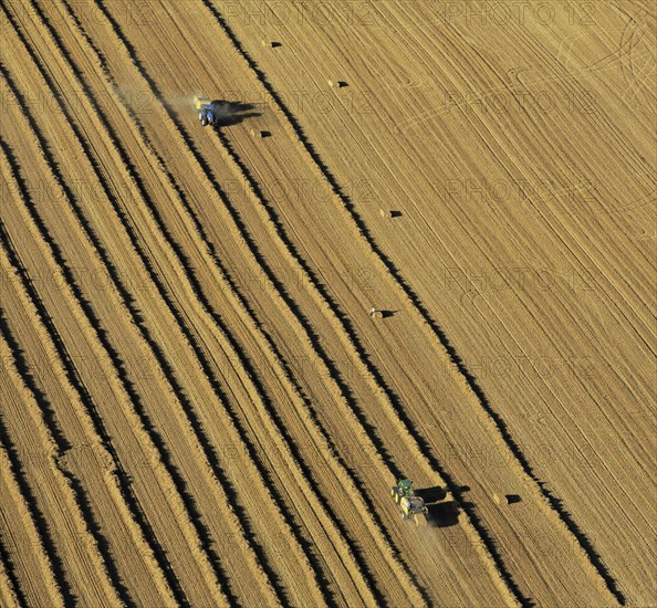 Aerial view of a field during the harvest