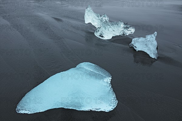 Iceland, ice blocks on the volcanic black sand beach