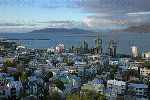 Iceland, Reykjavik, aerial view towards the sea