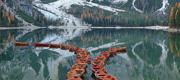 The Pragser Wildsee with boats, Italy