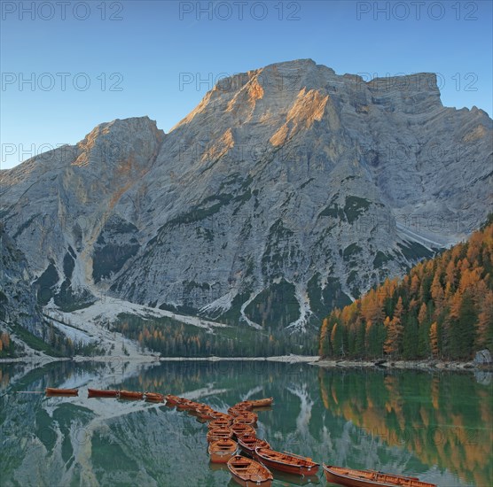 The Pragser Wildsee with boats, Italy