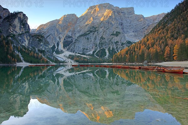 The Pragser Wildsee with boats, Italy