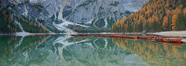 The Pragser Wildsee with boats, Italy