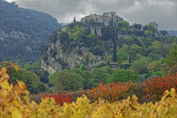 France, Vaucluse (84) Oppède, le vieux village perché vu depuis le vignoble et les vergers, en automne / France, Vaucluse Oppède, the old hilltop village seen from the vineyards and orchards, in autumn/