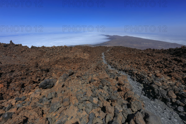 Espagne, iles Canaries, Tenerife, parc National du Teide, depuis la pente du volcan, vue sur la mer de nuages / Spain, Canary Islands, Tenerife, Teide National Park, from the slope of the volcano, view of the sea of ??clouds /