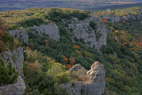France, Gard(30) Occitanie, Brouzet-Lès-Alès, le massif du Mont Bouquet, la Tour du Castellas, paysage gardois, Cévenol / France, Gard Occitanie, Brouzet-Lès-Alès, the Mont Bouquet massif, the Castellas Tower, Gard landscape, Cévenol /