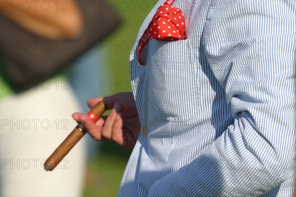 France, Basse Normandie, calvados, cote fleurie, deauville, polo, sport cheval, competition barriere golden, polo cup, hippodrome, public remettant les mottes de terre lors de la pause de jeu, cigare,