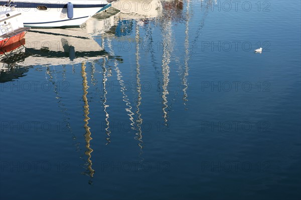 France, Normandie, calvados, cote fleurie, dives sur mer, port Guillaume, mats, reflet dans l'eau, mouette