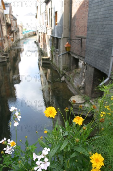 France, Haute Normandie, eure, pont audemer, canaux de la risle, pont, maisons bardees d'ardoises, habitat, eau, petite venise,