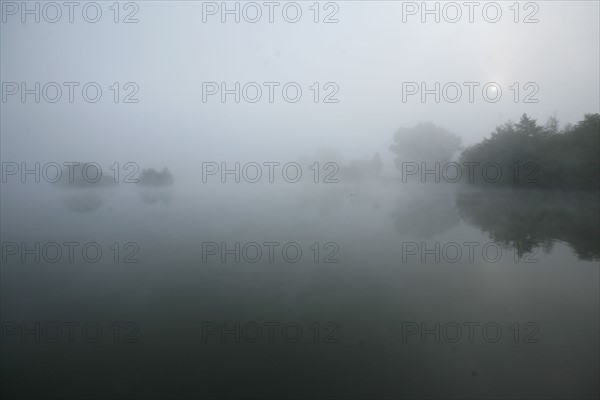 France, Haute Normandie, eure, promenade autour des etangs de la communaute de communes de pont audemer, plan d'eau, brume matinale,