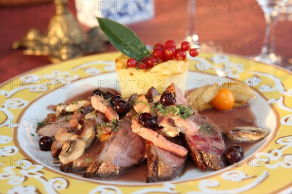 France, Basse Normandie, Manche, pays de saint lo, la petite auberge de candol, assiette de pays "magret de canard aux fruits de saison", gastronomie,