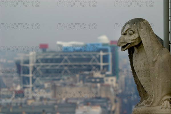 France, Paris 4e, ile de la cite, cathedrale Notre-Dame de Paris, art gothique et neo gothique, dans les hauteurs, detail d'une sculpture, vue sur le centre pompidou, beaubourg,