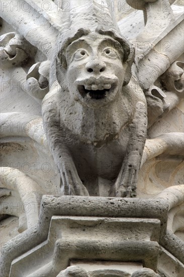 France, Paris 4e, ile de la cite, cathedrale Notre-Dame de Paris, art gothique et neo gothique, dans les hauteurs, detail d'une sculpture, monstre grimacant