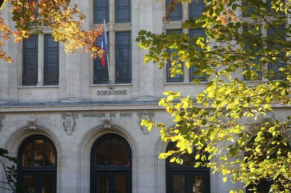 France, Paris 5e, universite de la Sorbonne Paris IV, place paul painleve, arcades, arbre,