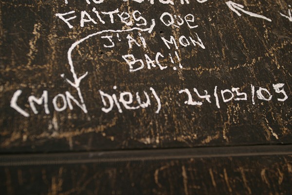 France, Paris 18e, butte Montmartre, basilique du sacre coeur, graffiti, voeu, tag, dans la galerie autour du dome,