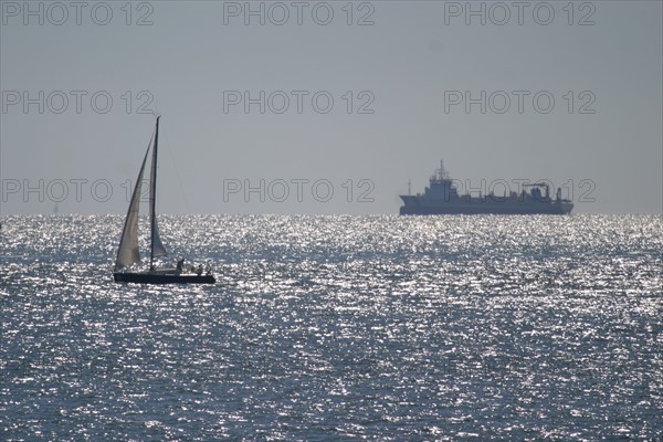 France: Normandie, Seine Maritime, le havre, plage, vue du large depuis la plage, voilier, plaisance, navire sur l'horizon, drague daniel laval,