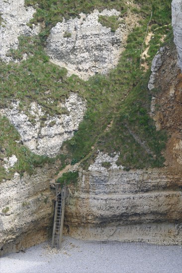 France, Normandie, Seine Maritime, cote d'albatre etretat, falaise d'aval et plage, galets, echelle,