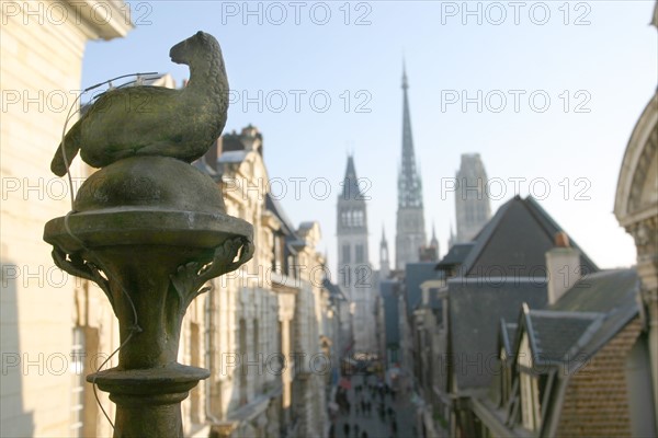 France, Normandie, Seine Maritime, Rouen, depuis l'interieur du gros horloge, symbole de la ville, mouton, cathedrale, toits,