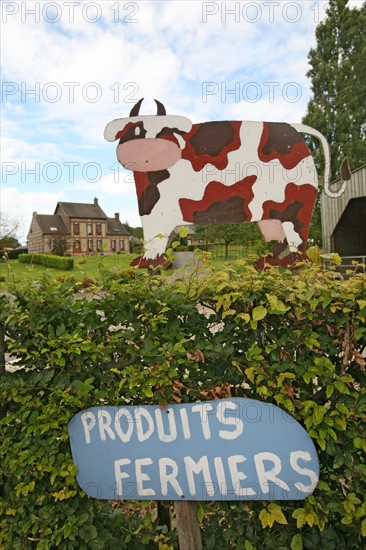 France, Normandie, Seine Maritime, pays de Caux, hautot l'auvray, vente de produits a la ferme, signalisation, vache,