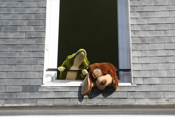 France: Normandie, Seine Maritime, le havre, immeuble, pres de la maison de l'armateur, peluches a la fenetre, ardoise,