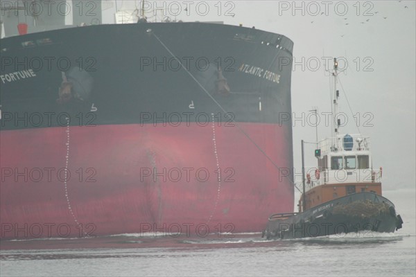 France: Normandie, Seine Maritime, vallee de la Seine, grand port de mer de Rouen, cargo a un terminal cerealier, remorqueur en action, brume, hiver,