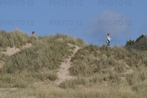 France, Basse Normandie, Manche, Cotentin, cap de la hague, anse de sciotot, dunes, littoral, sable, promeneurs, randonnee,