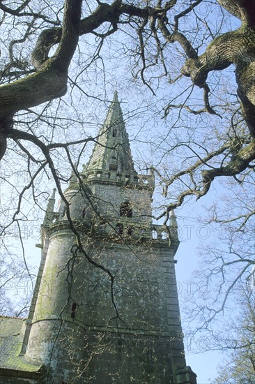 France, Bretagne, Cotes d'Armor, pays de Guerledan, mur de Bretagne, chapelle sainte suzanne, clocher, arbres en hiver,