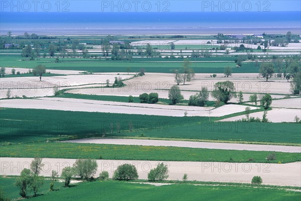 France, Bretagne, Ille et Vilaine, pays de la baie du Mont-Saint-Michel, le mont dol, panorama, paysage, vue sur les polders, agriculture, champs, mer,