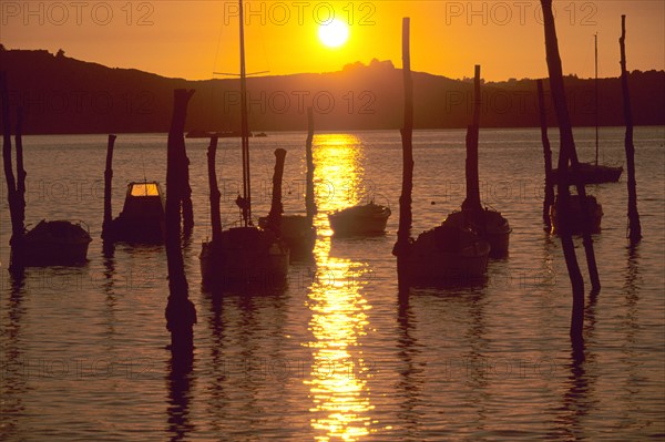 France, Bretagne, Cotes d'Armor, cote du goelo, plouha, port sur pilotis de Gwin Zegal, coucher de soleil, maree haute,