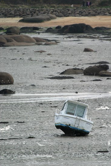 France, Bretagne, Cotes d'Armor, cote de granit rose, Tregastel, bateaux de plaisance, maree basse, ile Renote