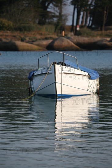 France, Bretagne, Cotes d'Armor, cote de granit rose, Tregastel, bateaux de plaisance, maree haute, ile Renote