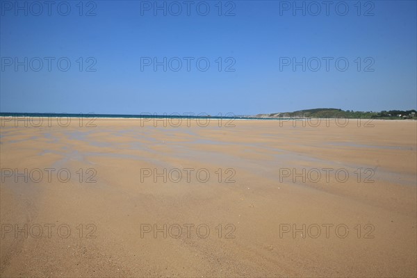 France, Bretagne, Cotes d'Armor, cote d'Emeraude, sables d'or les pins, la plage, ondes sur le sable, maree basse,