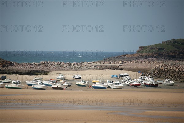 France, Bretagne, Cotes d'Armor, cote d'Emeraude, sables d'or les pins, la plage, maree basse, bateaux echoues,