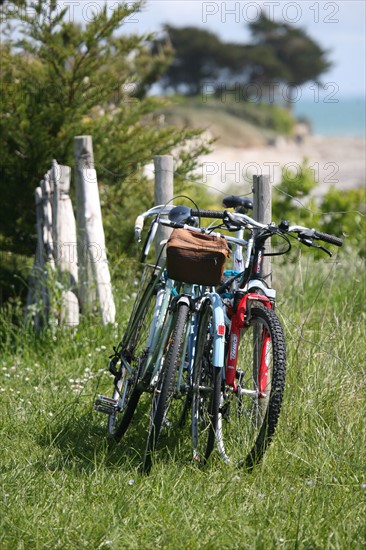 France, Bretagne, Finistere, pays bigouden, loctudy Lodonnec, sentier littoral, velos poses sur une cloture,