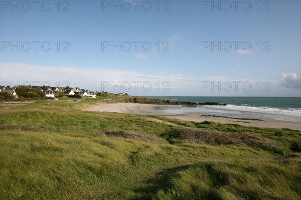 France, Bretagne, Finistere sud, Cornouaille, Nevez, littoral, mer et lande, genets, panorama,