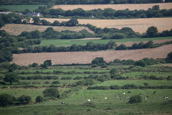 France, Bretagne, Finistere, Monts d'Arree, paysage, rochers, lande sauvage, au sommet du Roc'h Trevezel, panorama, bocage