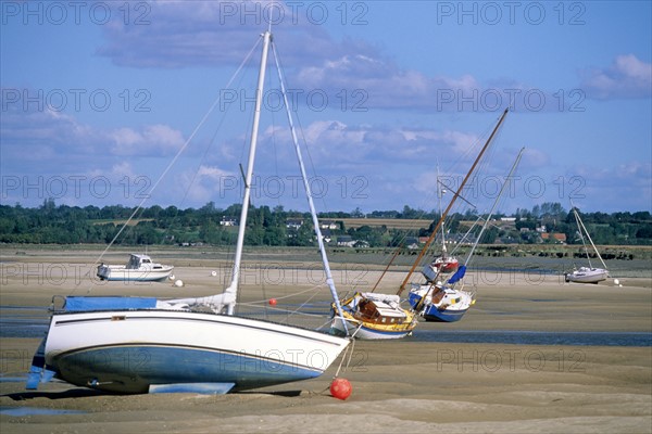 France, Basse Normandie, Manche, regneville sur mer, havre de regneville, maree basse, sable, bateaux echoues, ponton